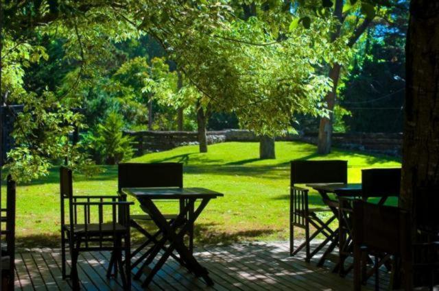 Mesas de la terraza bajo los árboles, frente al jardín de Los Nobles Art